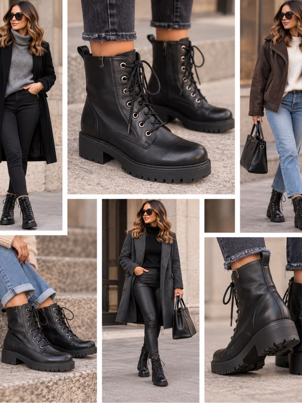 Long Tall Sally Black Leather Side Zip Combat Boots Size 42 Lug Sole Lace Up